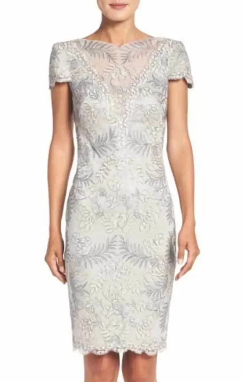 Tadashi Shoji Embroidered Lace Sheath Dress Gray Silver Formal Size 6 USA